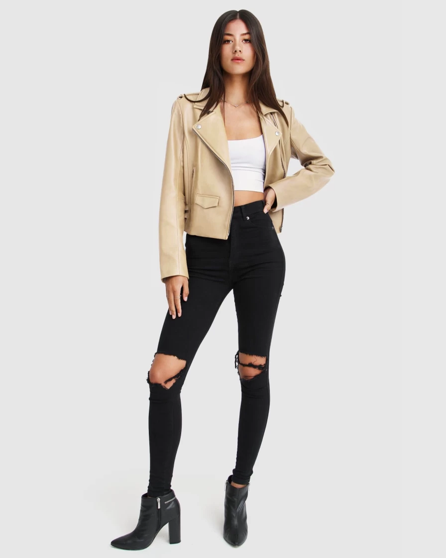 Belle & Bloom Women's Just Friends Sand Leather Jacket - Stylish Distressed Vintage Biker Coat