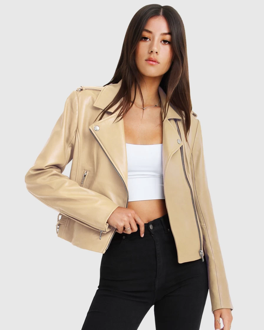 Belle & Bloom Women's Just Friends Sand Leather Jacket - Stylish Distressed Vintage Biker Coat