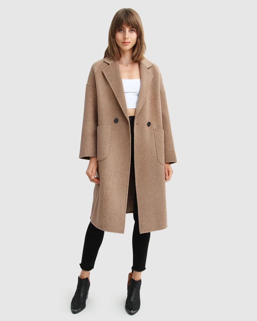 Belle & Bloom Women's Oat Double-Breasted Wool Blend Coat - Elegant Winter Outerwear