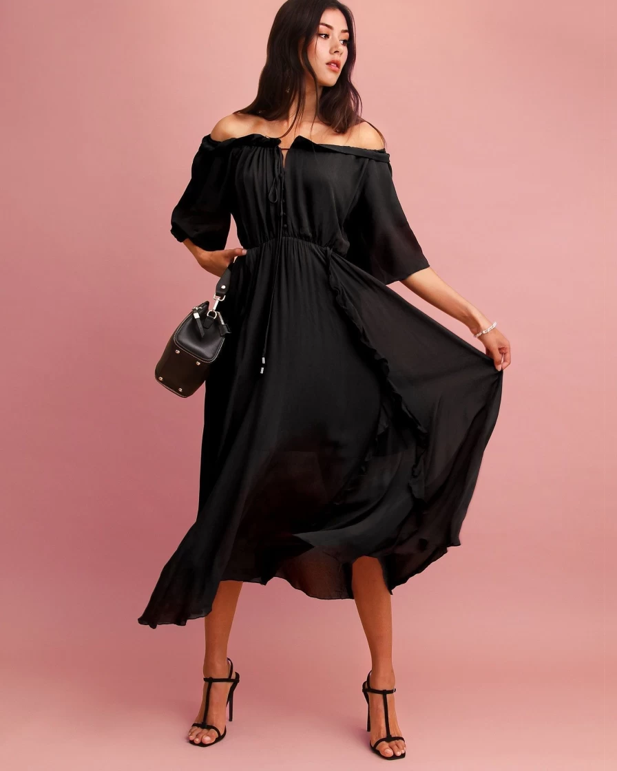 Belle & Bloom Women's Amour Amour Black Ruffled Midi Dress - Elegant Floral Design