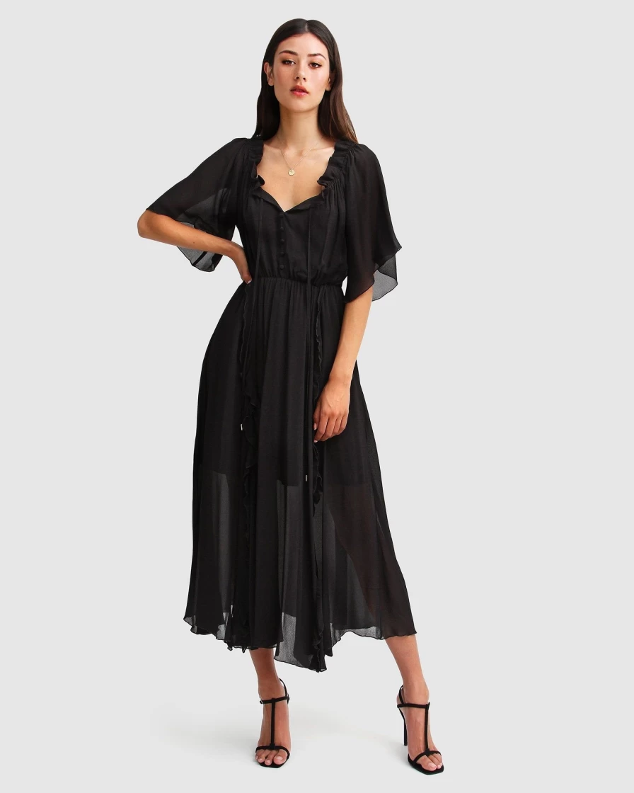 Belle & Bloom Women's Amour Amour Black Ruffled Midi Dress - Elegant Flared Design
