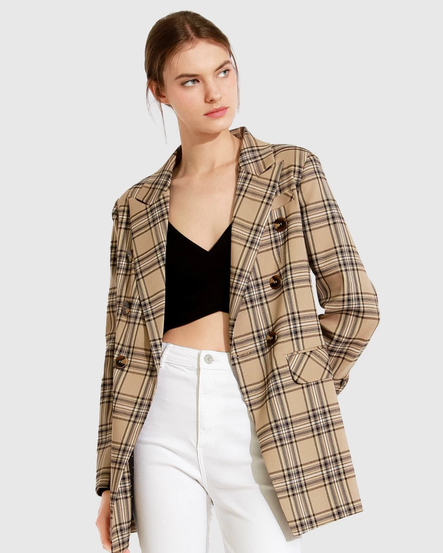 Belle & Bloom Women's Camel Plaid Blazer - Stylish Office & Work Jacket