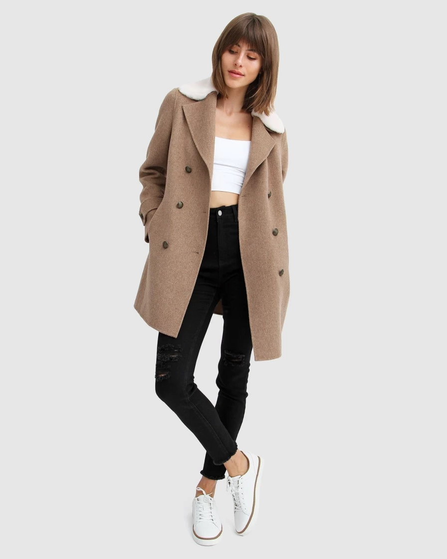 Belle & Bloom Women's Liberty Sherpa Collar Wool Blend Coat in Oat - Warm Winter Jacket