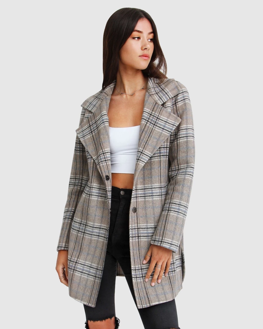 Belle & Bloom Women's Oversized Wool Blend Jacket - New Fit Ex-Boyfriend Style in Oat Plaid