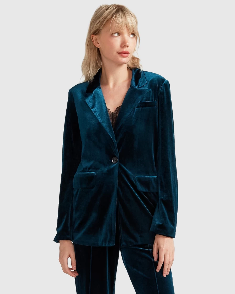 Belle & Bloom Women's Dark Teal Velvet Blazer - Elegant Eternity Style for Formal Wear
