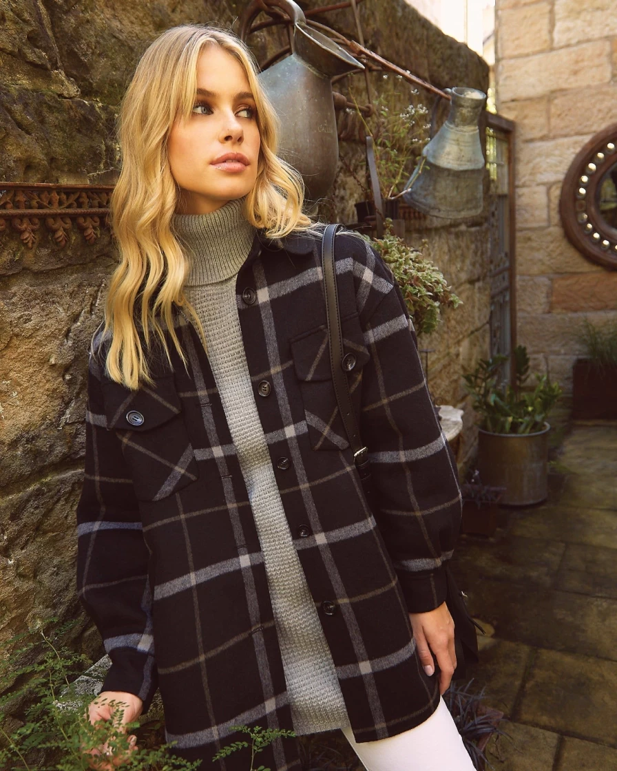 Belle & Bloom Women's Black Plaid Shacket - River's Edge Style Cozy Flannel Shirt Jacket