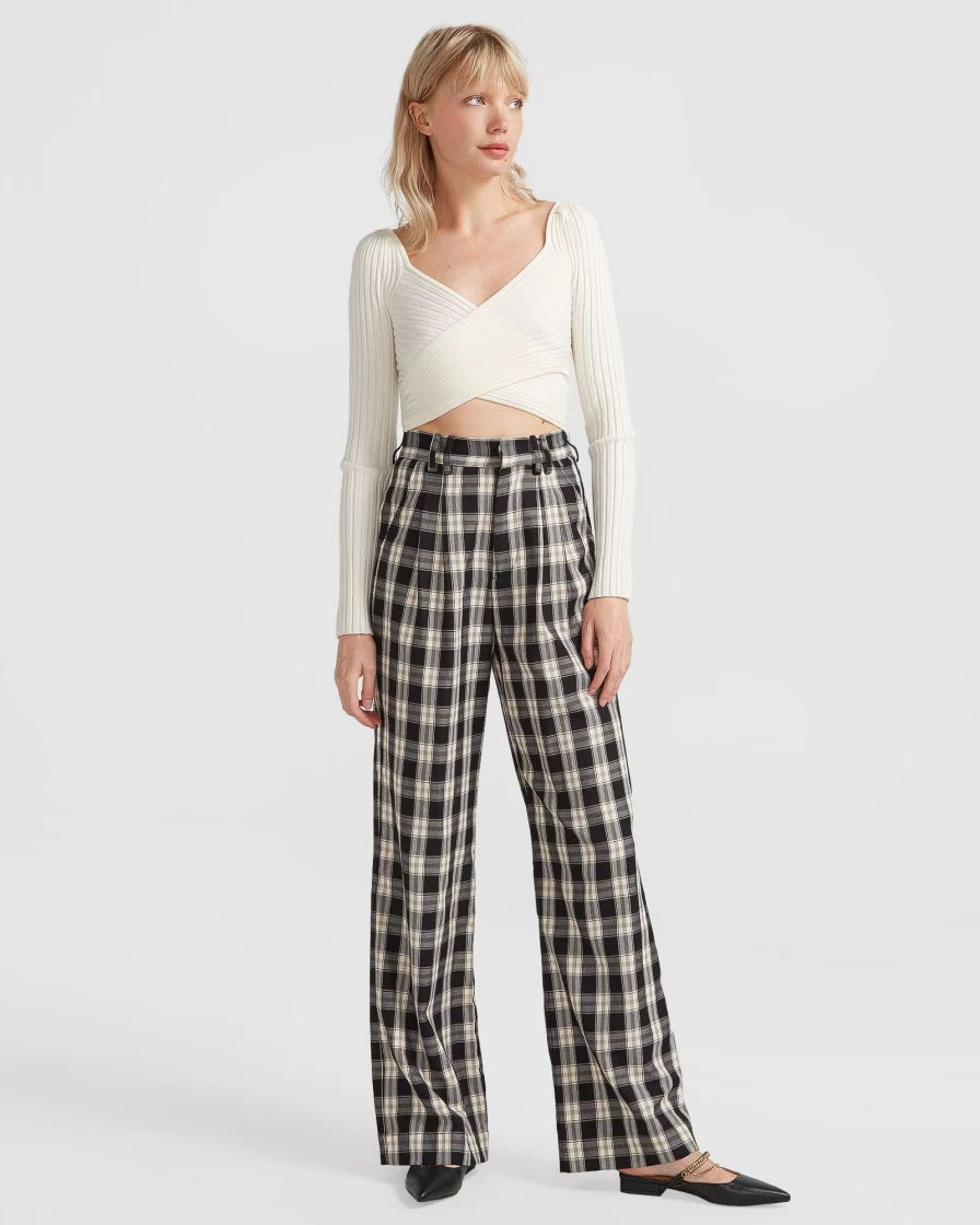 Belle & Bloom Women's Black Check Wide Leg Domino Pants