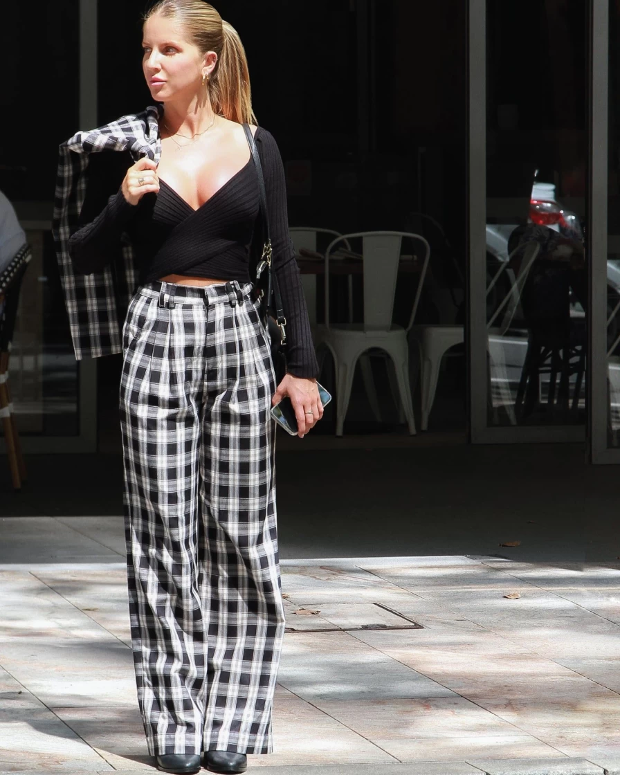 Belle & Bloom Women's Black Check Wide Leg Domino Pants