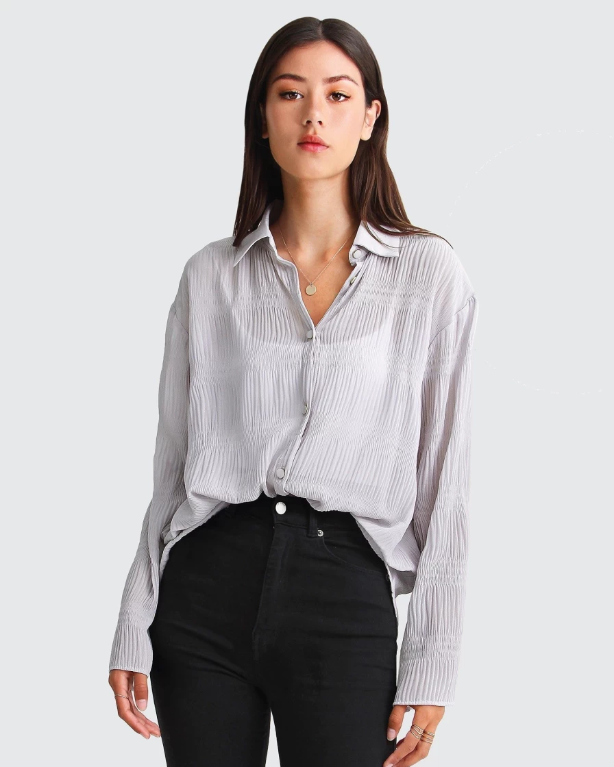 Belle & Bloom Women's Yoko Grey Chiffon Shirred Blouse - Elegant & Lightweight Top
