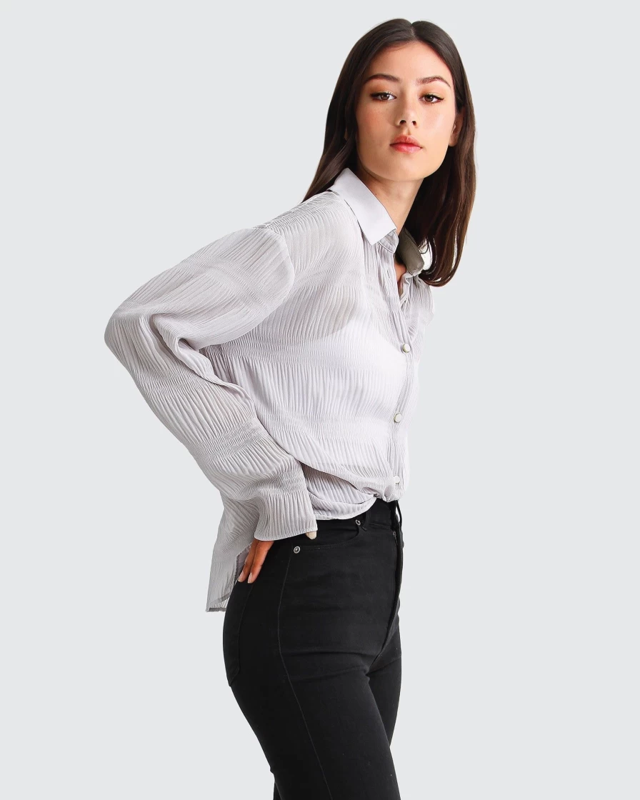 Belle & Bloom Women's Yoko Grey Chiffon Shirred Blouse - Elegant & Lightweight Top