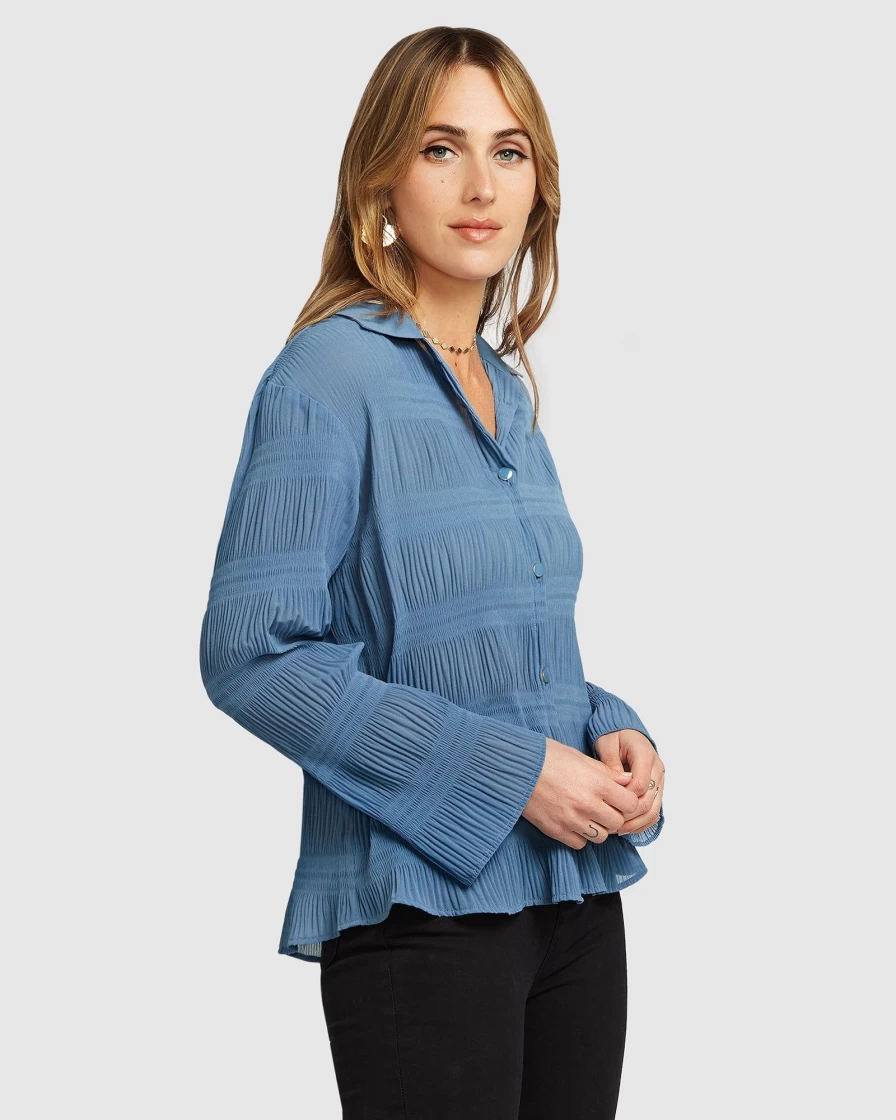 Belle & Bloom Women's Yoko Shirred Chiffon Blouse in Dusty Blue - Final Sale
