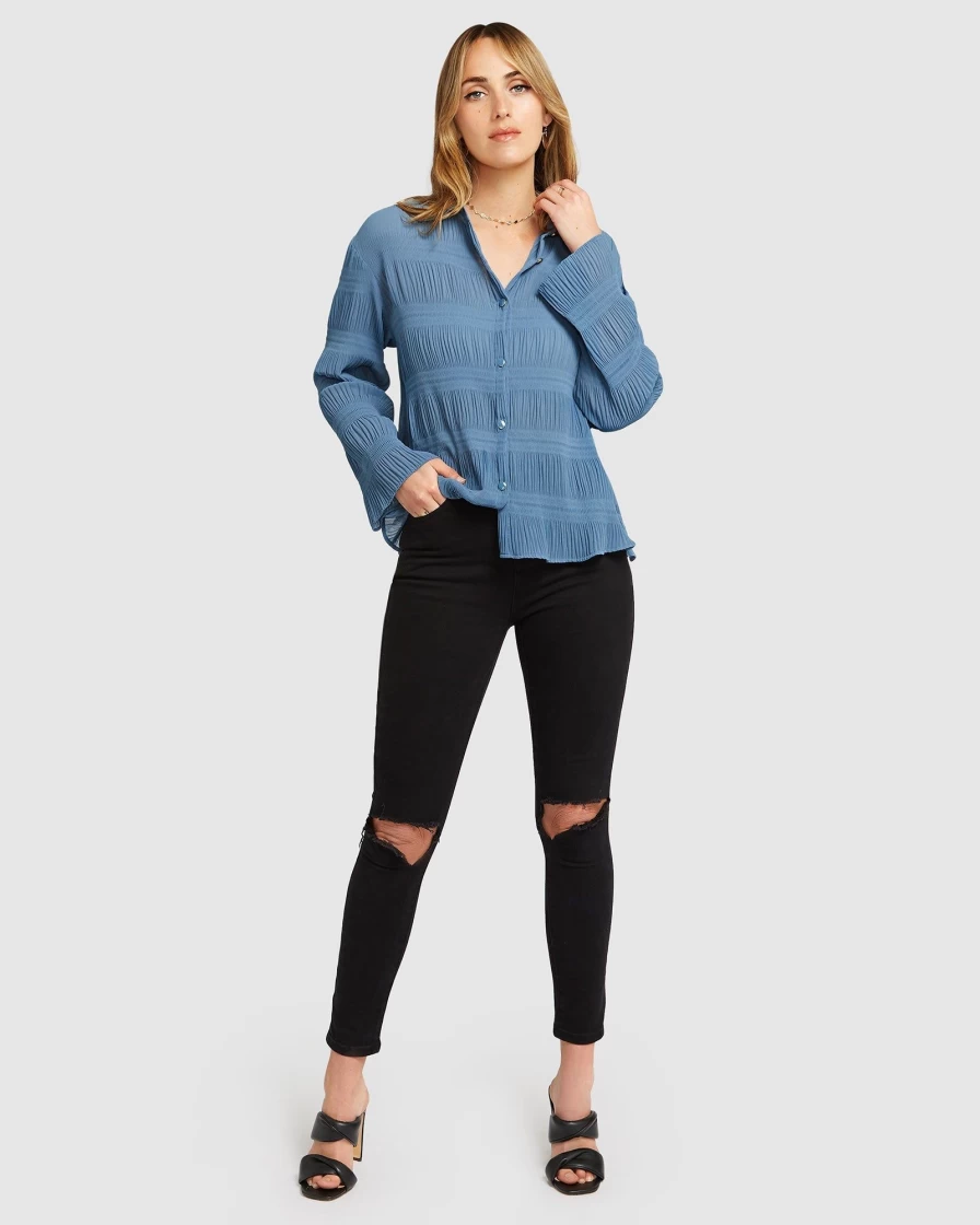 Belle & Bloom Women's Yoko Shirred Chiffon Blouse in Dusty Blue - Final Sale
