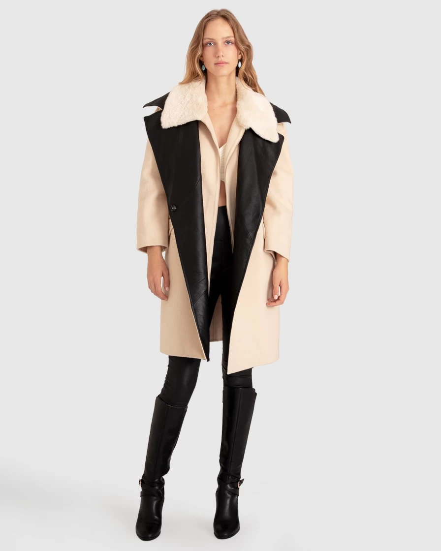 Belle & Bloom Women's Oversized Leather-Trimmed Coat in Pale Oat - Stylish Long Coat