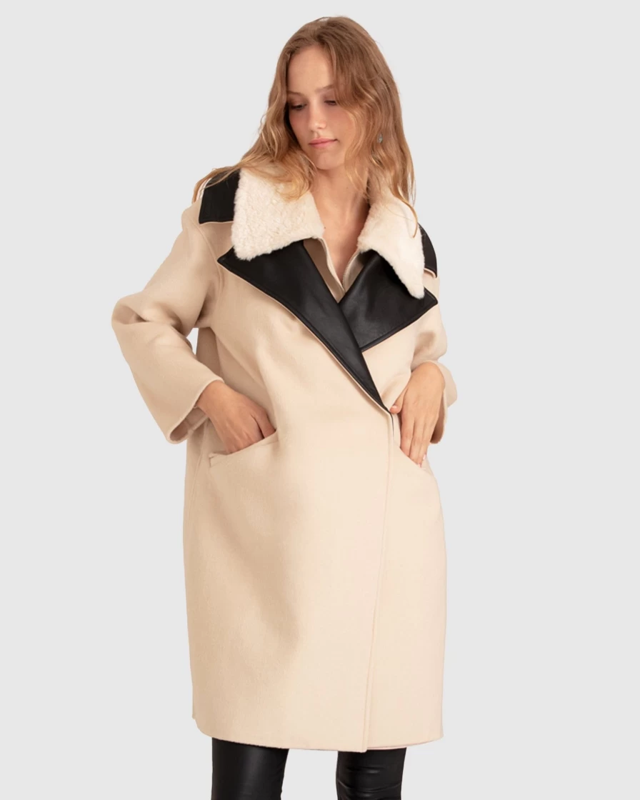 Belle & Bloom Women's Oversized Leather-Trimmed Coat in Pale Oat - Stylish Long Coat