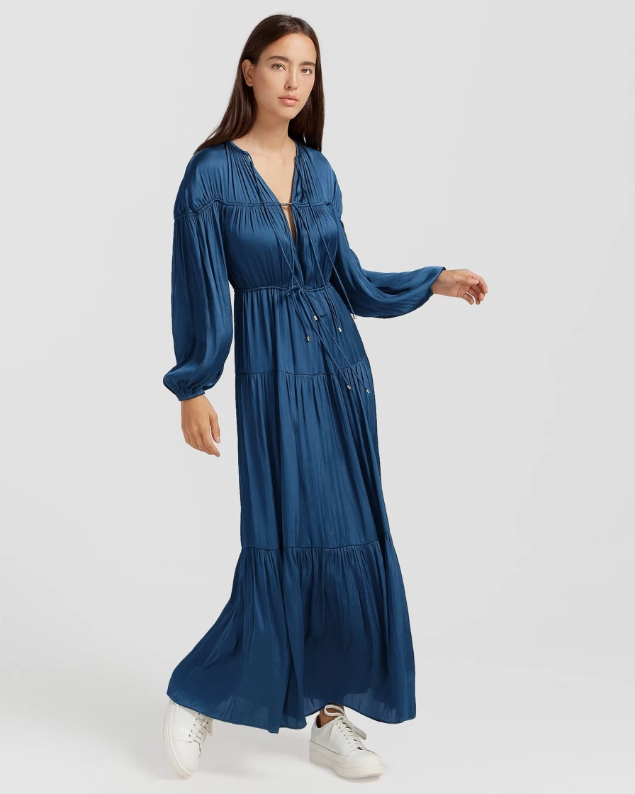 Belle & Bloom Women's Blue Tiered Maxi Dress with Window Seat Design