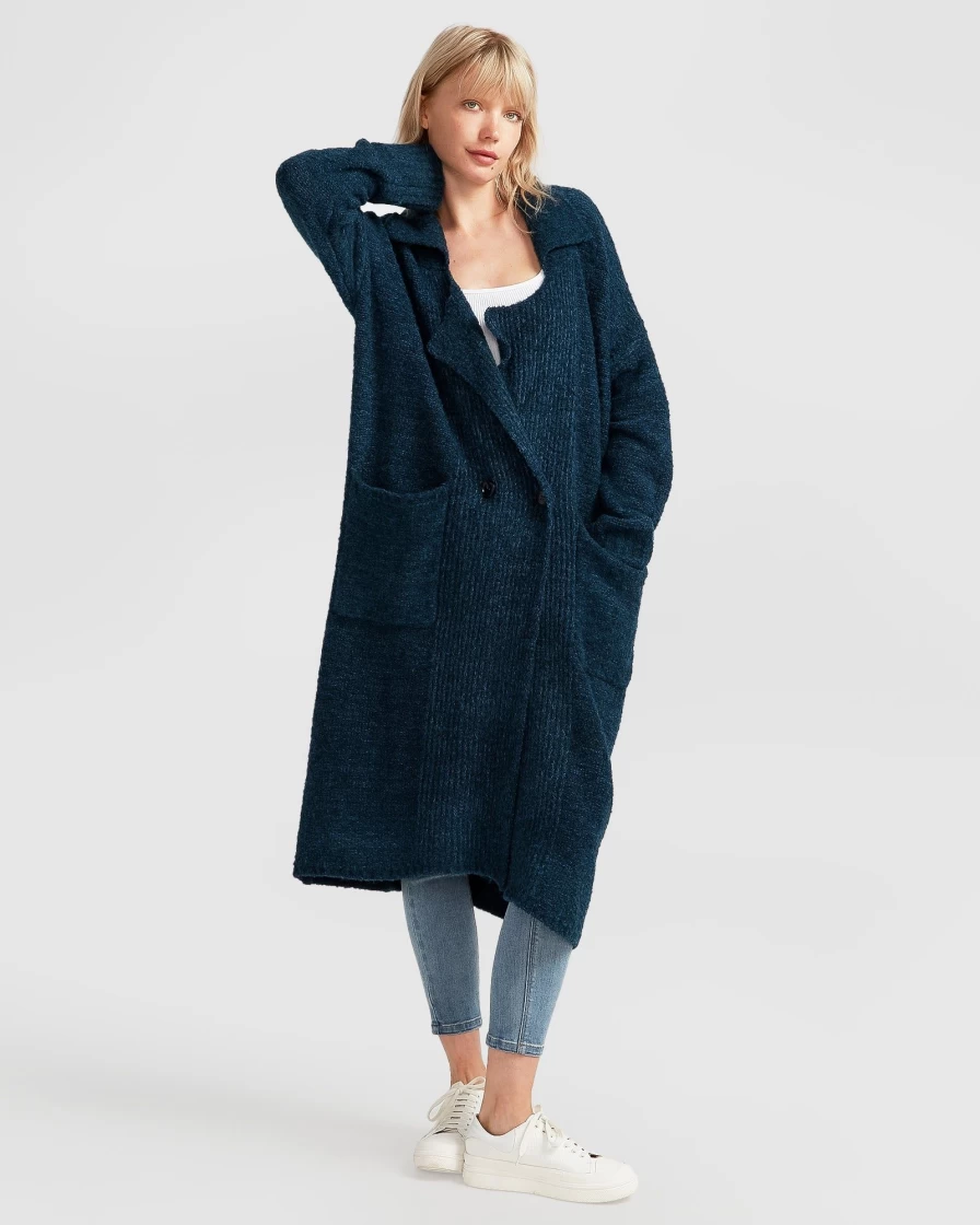 Belle & Bloom Women's Sustainable Dark Teal Sweater Coat - Born To Run Eco-Friendly Knitwear