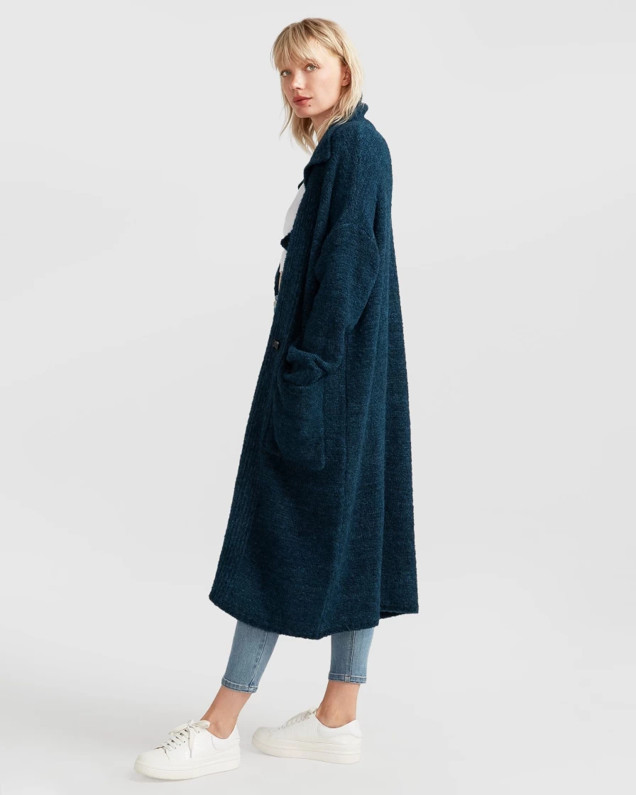 Belle & Bloom Women's Sustainable Dark Teal Sweater Coat - Born To Run Eco-Friendly Knitwear