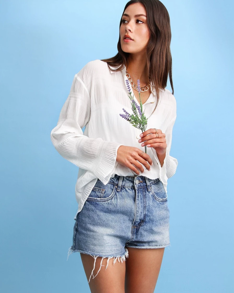 Belle & Bloom Women's Yoko Shirred Chiffon Blouse in Cream - Elegant Flowy Top