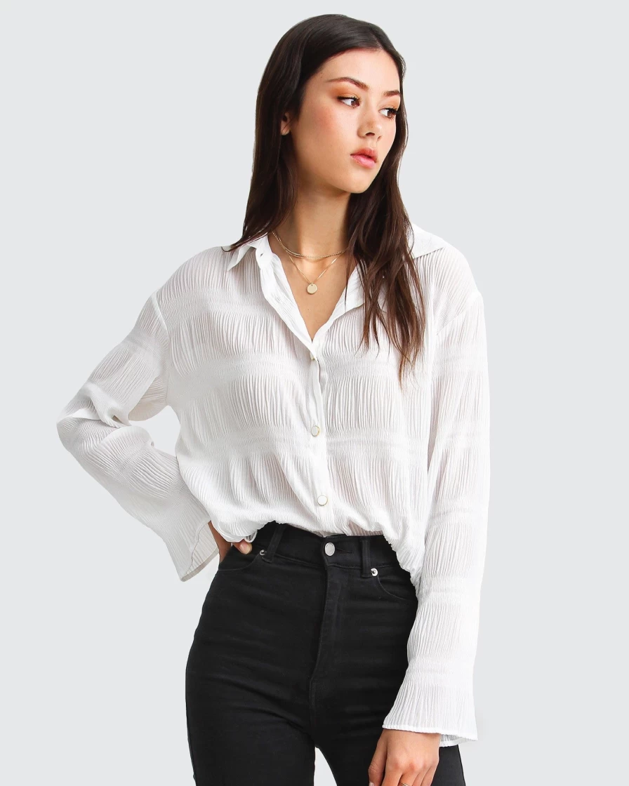 Belle & Bloom Women's Yoko Shirred Chiffon Blouse in Cream - Elegant Flowy Top