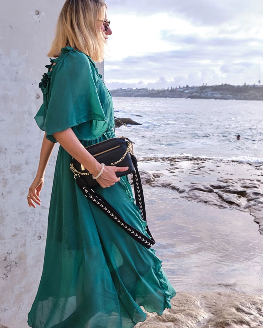 Belle & Bloom Women's Dark Green Ruffled Midi Dress - Elegant Amour Amour Design