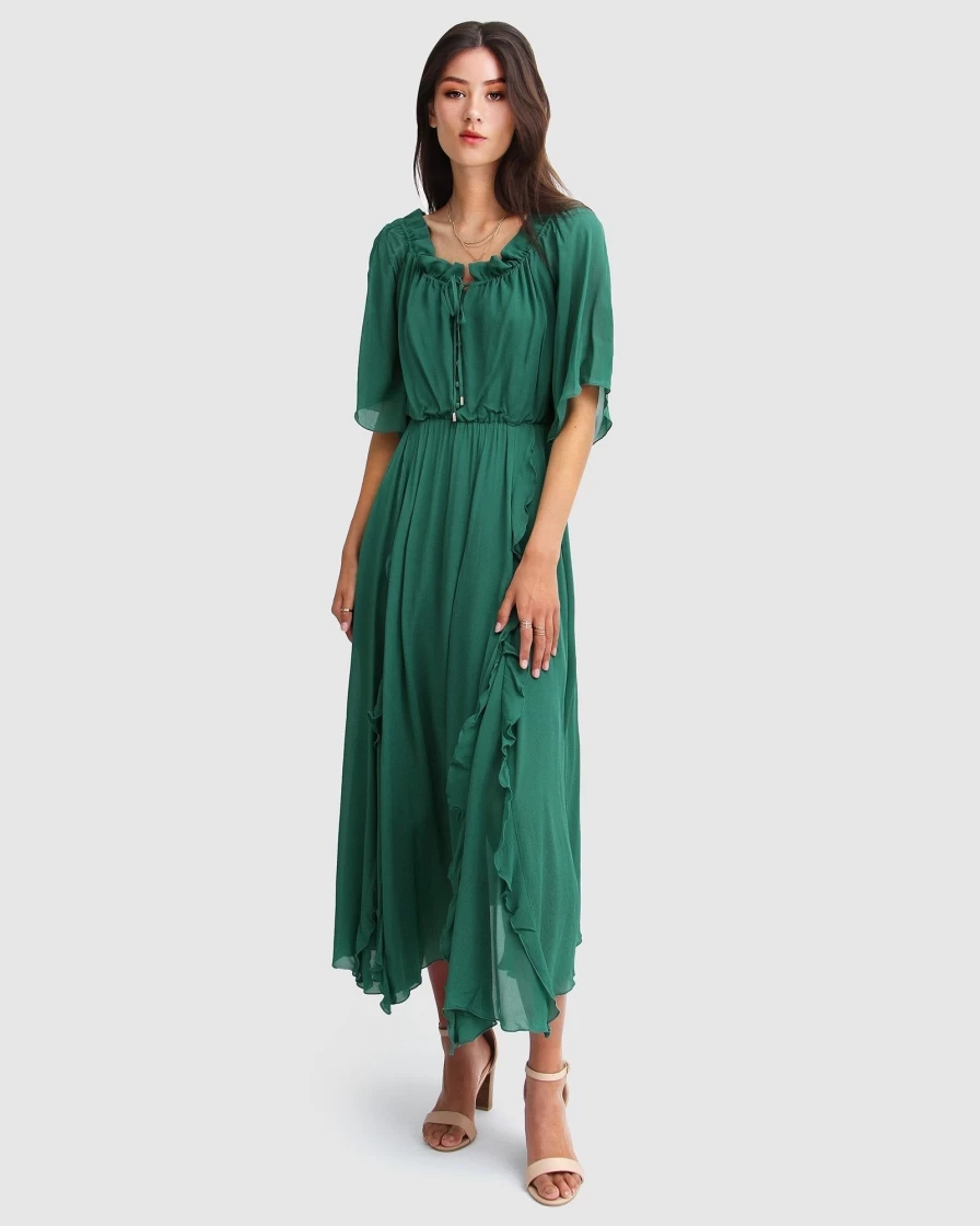 Belle & Bloom Women's Dark Green Ruffled Midi Dress - Elegant Amour Amour Design