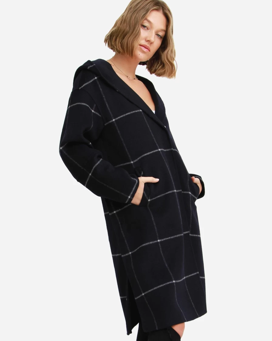 Belle & Bloom Women's Navy Plaid Wool Blend Oversized Coat - Walk This Way Style
