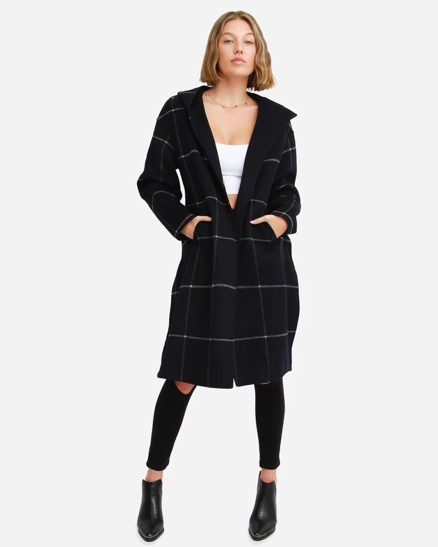 Belle & Bloom Women's Navy Plaid Wool Blend Oversized Coat - Walk This Way Style