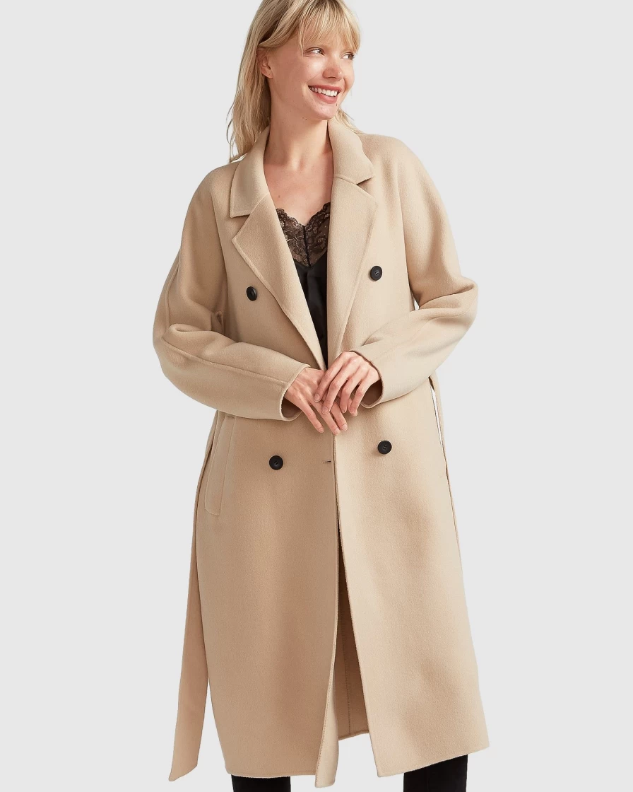 Belle & Bloom Women's Pale Oat Double-Breasted Wool Coat - Boss Girl Style Lined Trench
