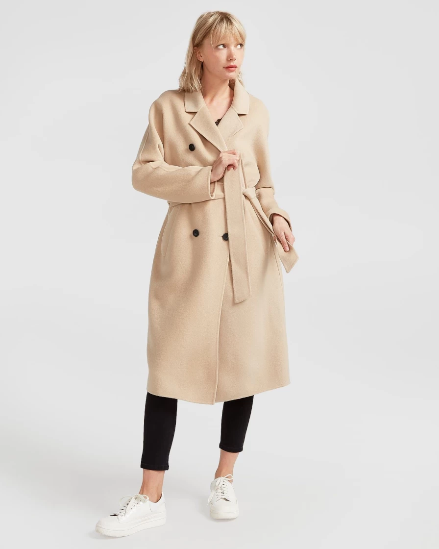Belle & Bloom Women's Pale Oat Double-Breasted Wool Coat - Boss Girl Style Lined Trench