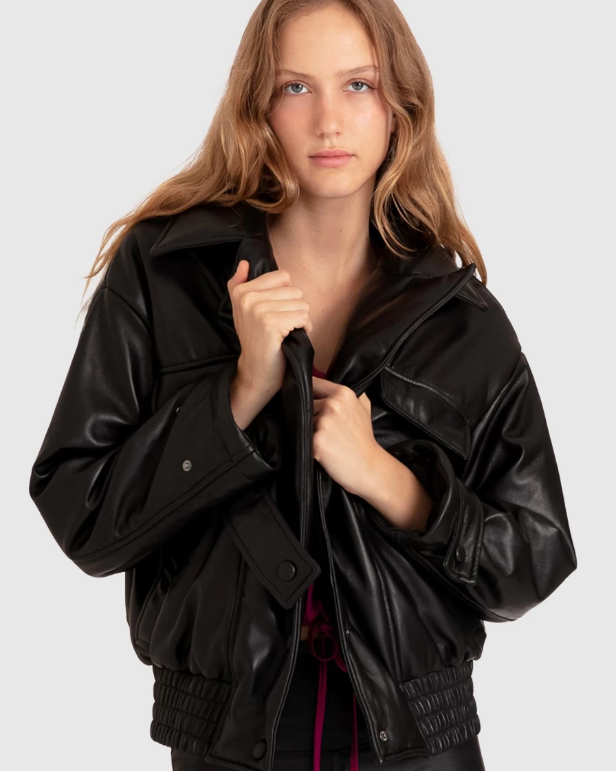 Belle & Bloom Women's Love Drunk Black Leather Bomber Jacket