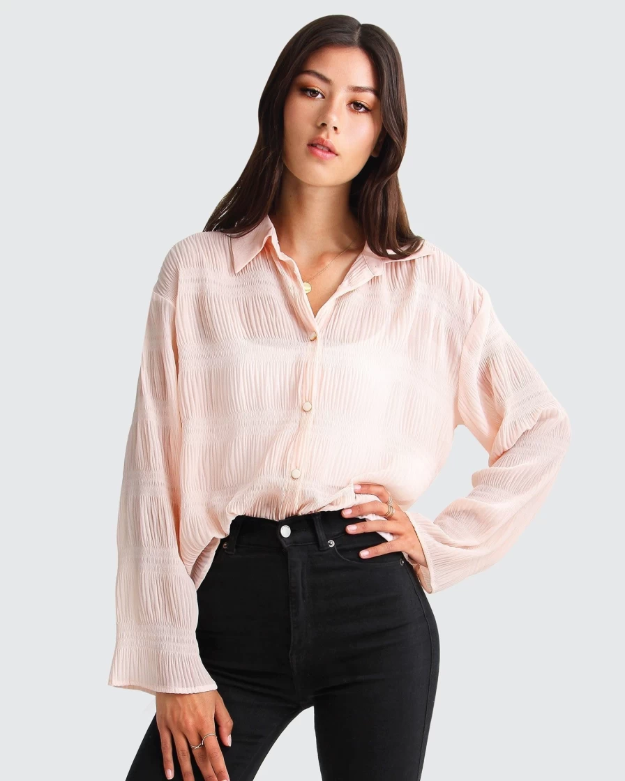 Belle & Bloom Women's Yoko Shirred Chiffon Blouse in Blush - Elegant Feminine Top