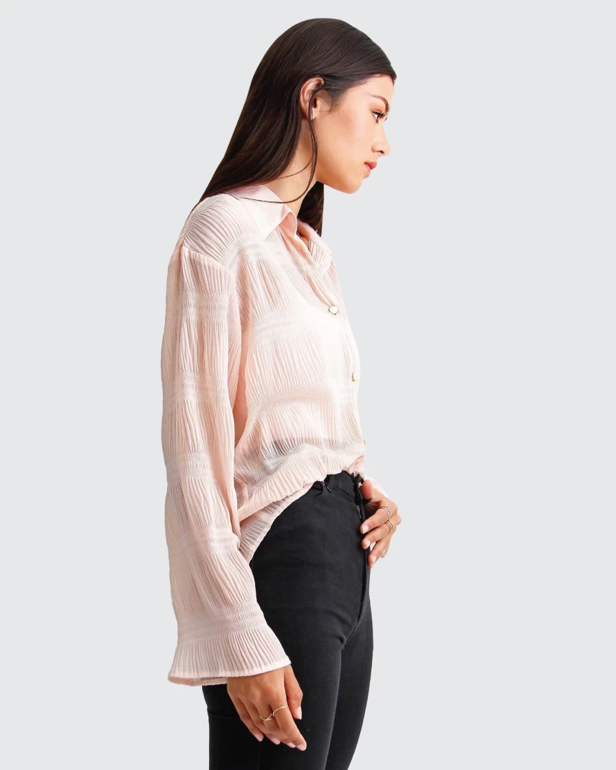 Belle & Bloom Women's Yoko Shirred Chiffon Blouse in Blush - Elegant Feminine Top