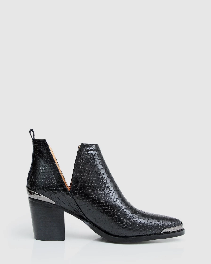 Belle & Bloom Women's Austin Black Croc Embossed Ankle Boots