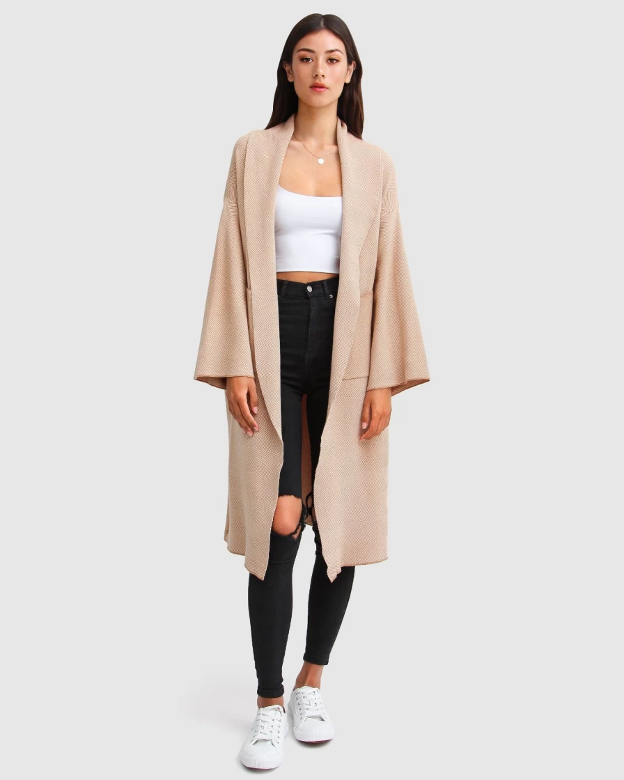 Belle & Bloom Women's Camel Hold The Line Coatigan - Elegant Longline Cardigan Coat