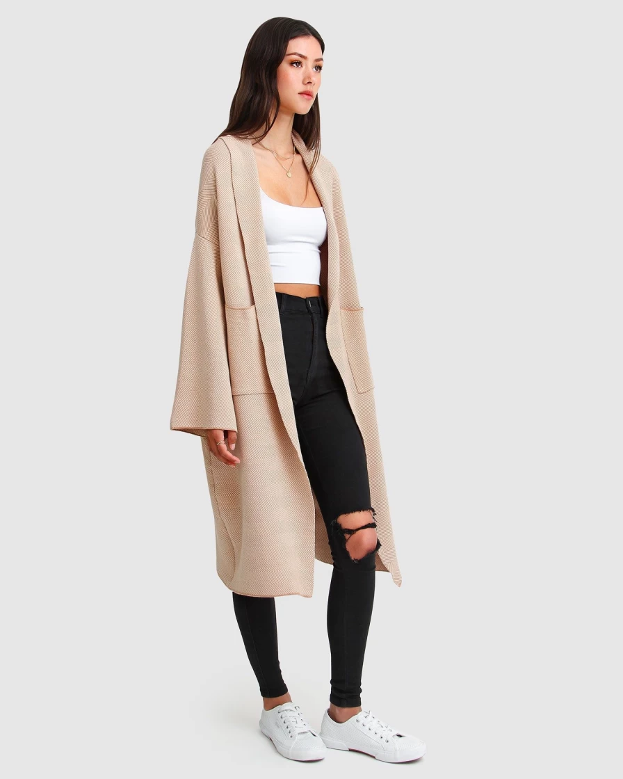 Belle & Bloom Women's Camel Hold The Line Coatigan - Stylish Longline Cardigan Coat