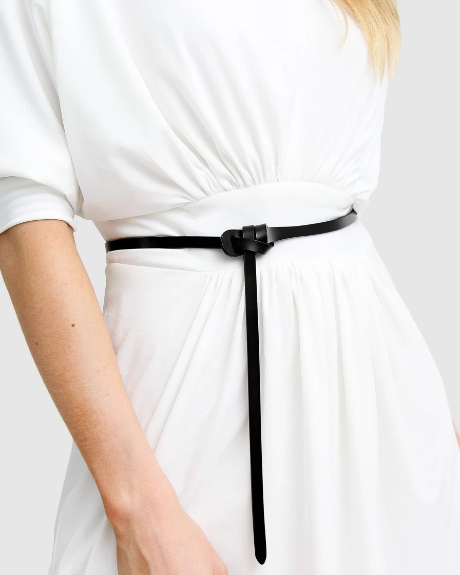Belle & Bloom Women's Black Leather Tie The Knot Belt for Wedding & Fashion