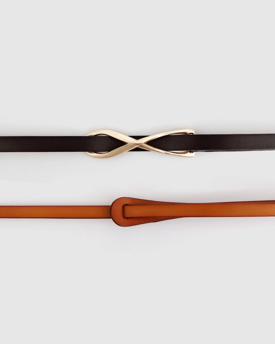 Belle & Bloom Women's 2-Pack Leather Tie Belts - Black & Brown Stylish Adjustable Waistbands