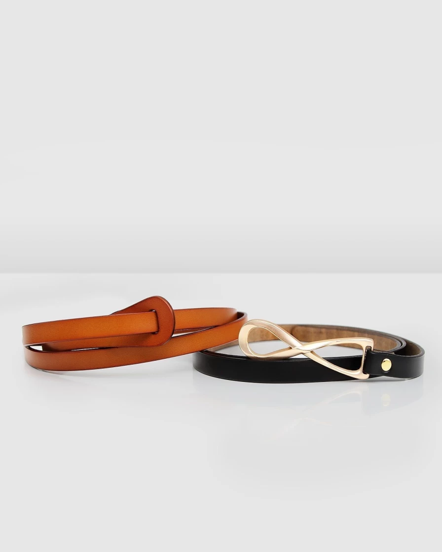 Belle & Bloom Women's 2-Pack Leather Tie Belts - Black & Brown Stylish Adjustable Waistbands