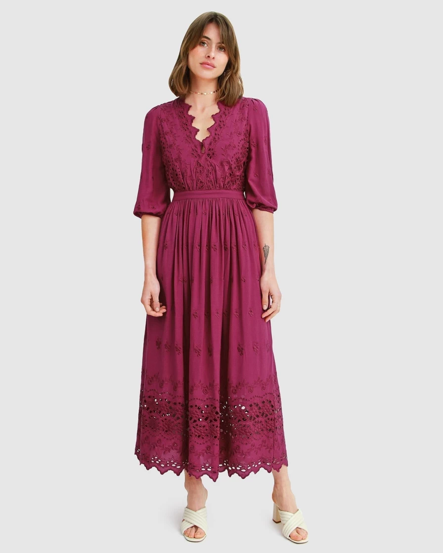 Belle & Bloom Women's Burgundy All Eyes On Me Midi Dress - Elegant Party Gown