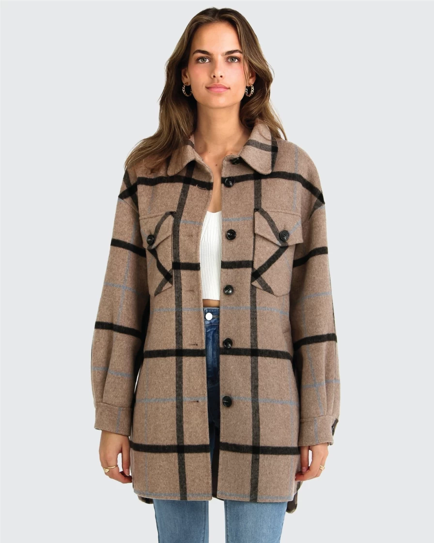 Belle & Bloom Women's Oat Plaid Shacket - River's Edge Style Cozy Flannel Shirt Jacket